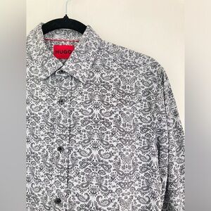 Hugo Boss Extra Slim Fit Paisley Gray Cotton Button Down Dress Shirt Mens 37